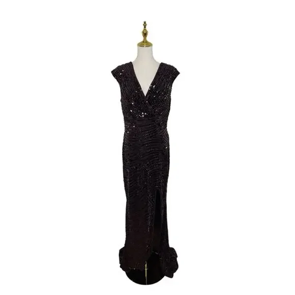 Mac Duggal 5441 Brown & Black Embellished‎ Cap Sleeve Dress Size 6 $598 - Picture 4 of 9